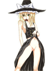 Rule 34 | 1girl, blonde hair, breasts, chocolate, clothes lift, female focus, kirisame marisa, kuku, mouth hold, nipple slip, nipples, no panties, pussy, pussy juice, skirt, skirt lift, small breasts, solo, touhou, uncensored, white background