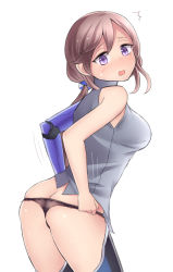 Rule 34 | 1girl, ass, black panties, blouse, breasts, brown hair, butt crack, commentary request, cyborg, from behind, hair ornament, highres, large breasts, looking at viewer, looking back, low ponytail, mechanical arms, neit ni sei, open mouth, original, panties, purple eyes, shirt, sidelocks, single mechanical arm, sleeveless, sleeveless shirt, smile, solo, standing, surprised, thighhighs, thighs, underwear, white background