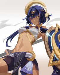 Rule 34 | 1girl, bare shoulders, black shorts, blue eyes, blue hair, breasts, candace (genshin impact), circlet, closed mouth, commentary, dark-skinned female, dark skin, egyptian clothes, forehead jewel, genshin impact, heterochromia, highres, holding, holding shield, jewelry, looking at viewer, medium breasts, navel, necklace, shield, short hair with long locks, short shorts, shorts, sidelocks, solo, srro yo, stomach, yellow eyes