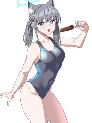 Rule 34 | absurdres, animal ear fluff, animal ears, black one-piece swimsuit, blue archive, blue eyes, breasts, competition swimsuit, contrapposto, covered navel, cowboy shot, cross hair ornament, extra ears, food, grey hair, hair ornament, halo, highres, low ponytail, medium breasts, medium hair, mismatched pupils, multicolored clothes, multicolored swimsuit, nya (73809635), official alternate costume, one-piece swimsuit, popsicle, saliva, saliva trail, shiroko (blue archive), shiroko (swimsuit) (blue archive), standing, swimsuit, tongue, tongue out, wolf ears