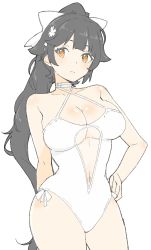 1girl absurdres azur_lane bad_id bad_twitter_id bare_shoulders black_hair breasts casual_one-piece_swimsuit choker cleavage closed_mouth contrapposto cowboy_shot criss-cross_halter donguri_suzume female_focus flower hair_flower hair_ornament halterneck hand_on_own_hip highres large_breasts long_hair looking_away navel one-piece_swimsuit orange_eyes ponytail simple_background solo standing swimsuit takao_(azur_lane) takao_(beach_rhapsody)_(azur_lane) very_long_hair white_background white_one-piece_swimsuit