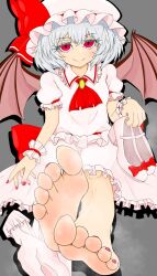 Rule 34 | 1girl, 3cc1a, barefoot, demon wings, feet, foot focus, grey hair, hat, highres, holding, holding shoes, looking at viewer, medium hair, red eyes, remilia scarlet, shoes, smile, soles, steam, toes, touhou, unworn shoes, wings