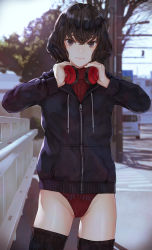 Rule 34 | 1girl, arms up, black eyes, black hair, black jacket, black thighhighs, blush, bob cut, car, closed mouth, commentary request, cowboy shot, day, drawstring, headphones, headphones around neck, heattech leotard, highleg, highleg leotard, highres, hood, hood down, hooded jacket, jacket, kaoming, leotard, leotard under clothes, long sleeves, looking at viewer, motor vehicle, no pants, original, outdoors, railing, red leotard, short hair, solo, thighhighs, tree, turtleneck, zipper, zipper pull tab