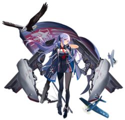 Rule 34 | 1girl, adjusting hair, aircraft, airplane, azur lane, bald eagle, bird, black pantyhose, blue cloak, blue hair, boots, bow (weapon), braid, breasts, cloak, crossbow, dress, eagle, essex (azur lane), flag, flagpole, flight deck, full body, highres, kexue, large breasts, long hair, machinery, necktie, official art, pantyhose, solo, transparent background, twintails, weapon, yellow eyes
