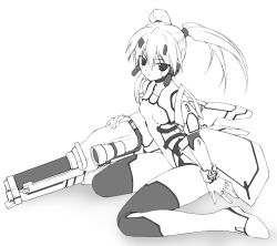 Rule 34 | 1girl, android, expressionless, flat chest, greyscale, gun, high contrast, looking at viewer, mecha musume, monochrome, phantasy star, phantasy star online, racaseal, sakana (flame sakana), sitting, solo, thighhighs, tsurime, twintails, wariza, weapon, white background