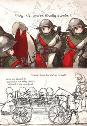 Rule 34 | 2koma, 6+girls, armor, balance scale print, brown eyes, brown hair, cart, comic, commentary, english commentary, english text, gambeson, helmet, highres, ironlily, kettle helm, kite shield, lady lucerne (ironlily), layered armor, medieval, meme, multiple girls, nun, ordo mediare sisters (ironlily), parody, pauldrons, scabbard, sheath, sheathed, shoulder armor, single braid sister (ironlily), soldier, speech bubble, surcoat, sword, the elder scrolls, the elder scrolls v: skyrim, twin braids sister (ironlily), weapon, you&#039;re finally awake (meme)