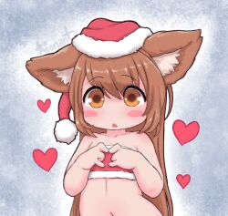Rule 34 | 1girl, belt bra, blush, blush stickers, brown eyes, brown hair, christmas, ears down, fewer digits, fidgeting, flat chest, hat, highres, kionant, looking at viewer, navel, no nose, original, parted lips, santa hat, solo, strapless, tube top, upper body