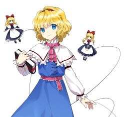 Rule 34 | 1girl, alice margatroid, blonde hair, blue dress, blue eyes, book, capelet, closed mouth, dress, grimoire of alice, hair between eyes, hairband, highres, holding, holding book, jewelry, kaigen 1025, long sleeves, looking at viewer, puppet rings, puppet strings, red hairband, ring, shanghai doll, short hair, simple background, smile, solo, touhou, white background, white capelet