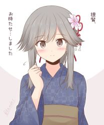 Rule 34 | 1girl, alternate hairstyle, blue kimono, brown eyes, checkered clothes, checkered kimono, flower, grey hair, hair flower, hair ornament, japanese clothes, kantai collection, kimono, long hair, looking at viewer, one-hour drawing challenge, shizuna kaede, sidelocks, smile, solo, translation request, two-tone background, upper body, usugumo (kancolle), yukata