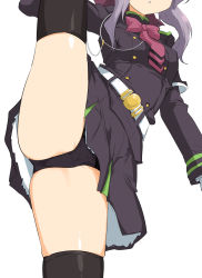 Rule 34 | 1girl, belt, belt buckle, black jacket, black panties, black skirt, bow, breasts, buckle, cameltoe, commentary request, facing viewer, gloves, grey hair, head out of frame, highres, hiiragi shinoa, jacket, leg up, long hair, long sleeves, medium breasts, momio, necktie, owari no seraph, panties, parted lips, red bow, red necktie, simple background, skirt, solo, split, standing, standing on one leg, standing split, thighhighs, underwear, white background, white belt, white gloves