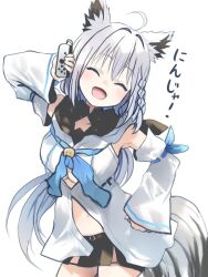 Rule 34 | 1girl, ahoge, aisu (icicleshot), animal ear fluff, animal ears, black shorts, blue neckerchief, blush, braid, closed eyes, commentary request, detached sleeves, earrings, fox ears, fox girl, fox tail, hair between eyes, hololive, hood, hoodie, jewelry, long hair, neckerchief, nintendo switch pro controller, open mouth, shirakami fubuki, short shorts, shorts, sidelocks, simple background, single braid, solo, tail, virtual youtuber, white background, white hair, white hoodie