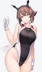 Rule 34 | 1girl, alternate costume, arm up, bare shoulders, black one-piece swimsuit, blush, breasts, brown hair, collarbone, commentary request, competition swimsuit, cowboy shot, dated, flipped hair, gloves, green eyes, groin, hairband, headgear, highleg, highleg swimsuit, highres, kantai collection, large breasts, looking at viewer, multicolored clothes, mutsu (kancolle), one-piece swimsuit, parted lips, radio antenna, rokuwata tomoe, short hair, signature, simple background, skindentation, smile, solo, swimsuit, thighs, white background, white gloves