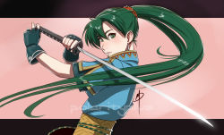 Rule 34 | 1girl, blush, earrings, fighting stance, fingerless gloves, fire emblem, fire emblem: the blazing blade, from side, gloves, gradient background, green eyes, green hair, high ponytail, jewelry, katana, lips, long hair, lyn (fire emblem), matching hair/eyes, nintendo, nose, obi, polarityplus, ponytail, sash, scrunchie, solo, sword, very long hair, weapon