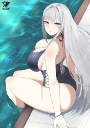 Rule 34 | 1girl, absurdres, ass, bangle, bare arms, bare legs, bare shoulders, black one-piece swimsuit, blue eyes, bracelet, breasts, cleavage, ethel (xenoblade), grey hair, highres, jewelry, kaos art, large breasts, light smile, lips, long hair, one-piece swimsuit, parted lips, poolside, signature, sitting, soaking feet, swimsuit, thighs, water, xenoblade chronicles (series), xenoblade chronicles 3