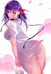 Rule 34 | 1girl, ass, blue gk, blush, breasts, commentary request, dress, fate/stay night, fate (series), unworn footwear, hair between eyes, hair ribbon, highres, large breasts, long hair, looking at viewer, looking back, matou sakura, no panties, parted lips, petals, purple eyes, purple hair, ribbon, shoes, unworn shoes, simple background, slippers, solo, thighs, white background, white dress, wind, wind lift