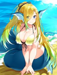 Rule 34 | 1girl, absurdres, animal ears, bad id, bad pixiv id, bare arms, bare shoulders, bikini, black ribbon, blonde hair, blue eyes, blush, breasts, cleavage, closed mouth, commentary request, eyes visible through hair, fins, gradient hair, green hair, hair ribbon, halterneck, head fins, highres, large breasts, long hair, looking at viewer, mermaid, monster girl, multicolored hair, navel, ocean, original, ponytail, ribbon, sand, sitting, smile, solo, suruga (xsurugax), swimsuit, very long hair, waves, yellow bikini