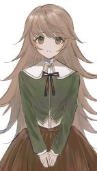 Rule 34 | 1boy, alternate hair length, alternate hairstyle, bad id, bad twitter id, blush, brown eyes, brown hair, brown skirt, commentary request, cowboy shot, crossdressing, danganronpa: trigger happy havoc, danganronpa (series), fujisaki chihiro, green jacket, hair flaps, highres, jacket, long hair, long sleeves, looking at viewer, male focus, neck ribbon, nokoru sora, own hands together, parted lips, pleated skirt, ribbon, shirt, simple background, skirt, solo, trap, white background