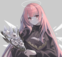 Rule 34 | 1girl, arknights, black dress, blunt bangs, cleavage cutout, closed mouth, clothing cutout, dress, flower, grey background, halo, high collar, highres, holding, holding flower, lemuen (arknights), light blush, light smile, long hair, long sleeves, looking at viewer, pink eyes, pink hair, plant, shouga chahan, simple background, solo, split mouth, unfinished, upper body, white flower, white halo