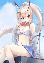 Rule 34 | 1girl, ayanami (azur lane), azur lane, bare shoulders, bikini, bikini top only, bikini under clothes, blonde hair, blue bikini, blue sky, blush, breasts, cleavage, cloud, cloudy sky, collarbone, day, food, fruit, grey hoodie, hair between eyes, hair ornament, hairclip, headgear, highres, holding, holding food, hood, hooded jacket, hoodie, ice cream, jacket, licking, long hair, looking at viewer, machinery, manjirou (manji illust), md5 mismatch, midriff, miniskirt, navel, off shoulder, open clothes, open jacket, orange eyes, outdoors, pleated skirt, ponytail, popsicle, retrofit (azur lane), revision, sailor collar, silver hair, sitting, skirt, sky, solo, swimsuit, tongue, tongue out, watermelon, wind