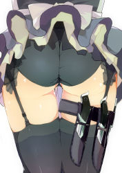 Rule 34 | 1girl, ass, ass focus, black thighhighs, close-up, eightman, female focus, from behind, garter straps, holster, izayoi sakuya, knife, panties, simple background, solo, thigh gap, thigh holster, thighhighs, thighs, throwing knife, touhou, underwear, weapon