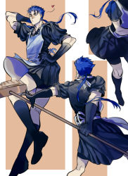 Rule 34 | alternate costume, apron, blowing kiss, blue hair, broom, crossdressing, cu chulainn (fate), cu chulainn (fate/stay night), dancing, edwintarm, elbow gloves, enmaided, fate/grand order, fate (series), gloves, highres, long hair, maid, maid apron, male focus, multiple views, ponytail, puffy sleeves, red eyes, short sleeves, shorts, shorts under skirt