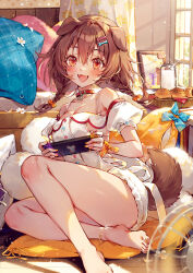 Rule 34 | 1girl, animal collar, animal ears, anklet, armpit crease, bare legs, bare shoulders, bedroom, blue bow, blurry, blurry foreground, blush, bone hair ornament, bow, braid, breasts, brown eyes, brown hair, cleavage, collar, convenient leg, curtains, day, dog ears, dog girl, dog tail, dress, electric fan, eyelashes, fangs, feet, full body, hair between eyes, hair ornament, handheld game console, hieihirai, highres, holding, hololive, indoors, inugami korone, jewelry, legs, looking at viewer, medium breasts, nail polish, nintendo switch, off-shoulder dress, off shoulder, open mouth, picture frame, pillow, puffy short sleeves, puffy sleeves, ribbon, shiny skin, short sleeves, solo, tail, thighs, toenail polish, toenails, toes, twin braids, virtual youtuber, white dress, white ribbon, window, wooden floor, yellow nails