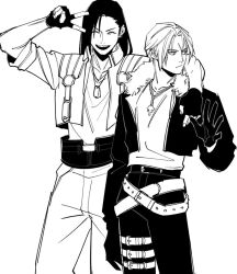 Rule 34 | 2boys, arm around shoulder, arm up, belt, black belt, black gloves, black hair, black pants, chain necklace, closed eyes, commentary, cropped jacket, dog tags, father and son, final fantasy, final fantasy viii, fingerless gloves, fur-trimmed jacket, fur trim, gloves, greyscale, hand up, happy, jacket, jewelry, laguna loire, long hair, looking to the side, male focus, monochrome, multiple belts, multiple boys, necklace, oimo (oimkimn), open clothes, open jacket, open mouth, pants, scar, scar on face, shirt, short hair, simple background, smile, squall leonhart, studded belt, thigh strap, upper body, v, v-neck, white background