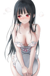 Rule 34 | 1girl, apron, bare arms, bare shoulders, black hair, blush, breasts, cleavage, collarbone, cowboy shot, embarrassed, emyo, frilled apron, frills, highres, holding, large breasts, long hair, looking away, looking to the side, naked apron, nose blush, original, red eyes, sidelocks, simple background, solo, standing, thighs, tray, v arms, white apron, white background