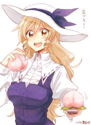 Rule 34 | 1girl, 6 (yuchae), :d, blonde hair, breasts, dress, eating, food, food bite, fruit, giving, hat, layered dress, long hair, looking at viewer, open mouth, peach, pov, round teeth, shared food, smile, solo, sun hat, teeth, touhou, translated, very long hair, watatsuki no toyohime, wavy hair, yellow eyes