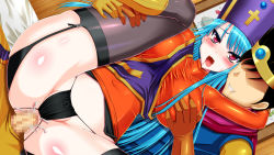 Rule 34 | 1girl, anal, anus, ass, blue hair, blush, grabbing another&#039;s breast, breasts, censored, clenched teeth, clothed sex, dragon quest, dragon quest iii, garter straps, gloves, grabbing, hat, highres, huge breasts, latex, latex suit, leg up, legs, long hair, looking at viewer, mosaic censoring, open mouth, penis, pink eyes, priest (dq3), saliva, sex, skin tight, smile, spread legs, teeth, thighhighs, thighs, thong, tiara, trubka
