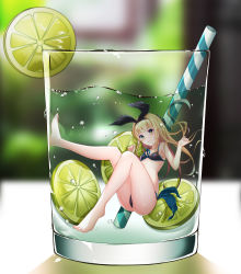 Rule 34 | 1girl, :3, absurdres, aoman de cangshu, bare shoulders, barefoot, bikini, black bow, blonde hair, blurry, blurry background, blush, bow, closed mouth, cup, food, fruit, glass, green eyes, hair bow, hairband, hands up, highres, in water, legs, lime (fruit), lime slice, long hair, looking at viewer, mini person, minigirl, mononobe alice, nijisanji, ribbon, smile, solo, swimsuit, thighs, toes, underwear, virtual youtuber, water, water drop