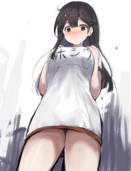 Rule 34 | 10s, 1girl, alternate costume, breasts, dress shirt, female focus, gym uniform, highres, kantai collection, large breasts, long hair, looking at viewer, md5 mismatch, name tag, resized, resolution mismatch, shirt, solo, source larger, sumisu (mondo), ushio (kancolle), worried
