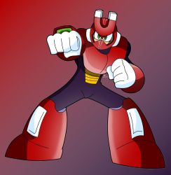 Rule 34 | blue background, capcom, clenched hands, full body, gradient background, green eyes, highres, looking at viewer, magnet, magnet man, mega man (classic), mega man (series), mega man 3, no humans, no mouth, non-humanoid robot, red background, robot, robot ears, simple background, tagme