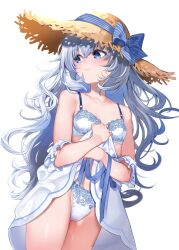 Rule 34 | 1girl, absurdres, blue eyes, blue ribbon, blush, bow, bra, breasts, clothes down, clothes lift, collarbone, cowboy shot, dress, dress lift, embarrassed, floral print, hat, hat bow, highres, kise itsuki, lace, lace-trimmed bra, lace-trimmed panties, lace trim, long hair, looking to the side, original, panties, ribbon, simple background, small breasts, solo, straw hat, sundress, underwear, wavy hair, white background, white bra, white dress, white hair, white panties