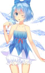 Rule 34 | 1girl, ;o, adapted costume, bad id, bad pixiv id, bare arms, bare shoulders, bloomers, blue dress, blue eyes, blue hair, chestnut mouth, cirno, collarbone, dress, hand fan, highres, matching hair/eyes, melting, nyanku, one eye closed, open mouth, simple background, sleeveless, sleeveless dress, solo, sundress, touhou, underwear, white background