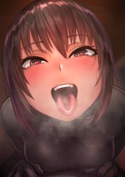 Rule 34 | 1girl, blush, bodysuit, brown eyes, brown hair, from above, gimp suit, hair between eyes, highres, kilye kairi, looking at viewer, looking up, open mouth, oral invitation, original, short hair, skin tight, solo, tongue, tongue out, uvula