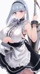 Rule 34 | 1girl, anchor choker, apron, azur lane, bad id, bad pixiv id, bare shoulders, breasts, center frills, clothing cutout, dido (azur lane), doll, dress, earrings, ekaki no mime, frills, hairband, heart, heart earrings, highres, holding, holding doll, holding sword, holding weapon, huge breasts, jewelry, lace-trimmed hairband, lace trim, maid, maid apron, pink eyes, shirt, sideboob, silver hair, sleeveless, sleeveless shirt, solo, sword, underboob cutout, waist apron, weapon, white apron, wrist cuffs