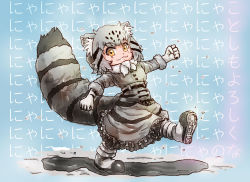 Rule 34 | 10s, 1girl, :3, animal ear fluff, animal ears, belt, cat ears, cat tail, commentary request, frilled skirt, frills, fur collar, gloves, grey hair, high-waist skirt, kemono friends, looking at viewer, pallas&#039;s cat (kemono friends), short hair, skirt, solo, stealstitaniums, tail, walking, yellow eyes
