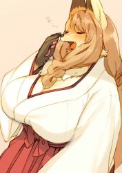 Rule 34 | 1girl, brown hair, closed eyes, furry, japanese clothes, kishibe, long hair, miko, open mouth, yawning