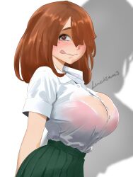 Rule 34 | 1girl, artist name, blush, boku no hero academia, bra, breasts, brown eyes, brown hair, hair over one eye, highres, komori kinoko, large breasts, licking lips, looking at viewer, lucisam, pink bra, see-through, shirt, short hair, short sleeves, skirt, smile, solo, symbol-shaped pupils, tongue, tongue out, u.a. school uniform, underwear, unusual pupils, wet, wet clothes, wet shirt, white background, white shirt