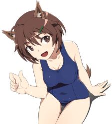 Rule 34 | 1girl, animal ears, brave witches, breasts, brown eyes, brown hair, cleavage, collarbone, covered navel, eyebrows, female focus, hair ornament, hairclip, karibuchi hikari, looking at viewer, looking up, medium breasts, monochrome background, nanashino, open mouth, shadow, shiny skin, short hair, simple background, smile, solo, squirrel ears, swimsuit, tail, white background, world witches series