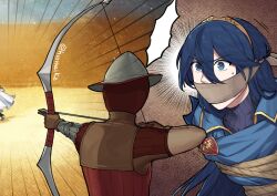 Rule 34 | 1boy, 1girl, 1other, arrow (projectile), bdsm, blue eyes, blue hair, bondage, bound, bow (weapon), cloth gag, commentary, commission, drawing bow, fire emblem, fire emblem awakening, gag, gagged, hair between eyes, hairband, hiomaika, holding, holding bow (weapon), holding weapon, improvised gag, long hair, lucina (fire emblem), nintendo, over the mouth gag, rope, upper body, very long hair, weapon