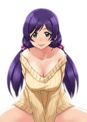 Rule 34 | 1girl, bare shoulders, between legs, blush, breasts, cleavage, collarbone, cowboy shot, green eyes, hair ornament, hair scrunchie, hand between legs, highres, large breasts, long hair, love live!, love live! school idol festival, love live! school idol project, low twintails, off shoulder, pink scrunchie, purple hair, ribbed sweater, scrunchie, smile, solo, sweater, tachibana roku, tojo nozomi, twintails