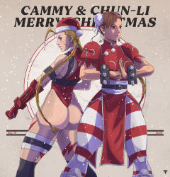 Rule 34 | 2020, 2girls, ahoge, alternate color, ass, back-to-back, beret, blonde hair, blue eyes, bodypaint, boots, bracelet, braid, breasts, brown eyes, brown hair, bun cover, cammy white, capcom, character name, china dress, chinese clothes, chun-li, clenched hand, commentary, cowboy shot, cross-laced footwear, double bun, dress, earrings, english commentary, facial scar, fighting stance, fingerless gloves, gloves, hair bun, harness, hat, highres, huge ahoge, jewelry, jhony caballero, knee boots, lace-up boots, leotard, long braid, long hair, medium breasts, merry christmas, multiple girls, over-kneehighs, palm-fist greeting, pantyhose, pelvic curtain, red dress, red gloves, red legwear, ribbed leotard, santa hat, sash, scar, scar on cheek, scar on face, short hair, snowing, spiked bracelet, spikes, standing, street fighter, street fighter v, striped clothes, striped legwear, striped pantyhose, thick thighs, thigh strap, thighhighs, thighs, thong leotard, twin braids, two-tone legwear, white footwear, white legwear