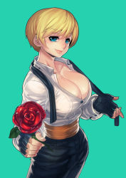 Rule 34 | 1girl, absurdres, aqua background, blonde hair, blue eyes, breasts, cleavage, collarbone, fengmo, fingerless gloves, flower, gloves, high-waist pants, highres, king (snk), large breasts, looking at viewer, pants, rose, ryuuko no ken, short hair, smile, solo, the king of fighters