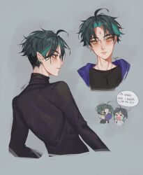 Rule 34 | 2boys, ahoge, black hair, black shirt, blush, chibi, chibi inset, closed mouth, ear piercing, eyelashes, eyeshadow, facial mark, forehead mark, freckles, from side, genshin impact, ggelus, green hair, grey background, highres, hood, hood down, jewelry, looking at viewer, makeup, male focus, mandarin collar, multicolored hair, multiple boys, multiple views, necklace, parted bangs, piercing, pointy ears, portrait, red eyeshadow, shirt, short hair, simple background, speech bubble, sweater, turtleneck, turtleneck sweater, undercut, upper body, venti (genshin impact), xiao (genshin impact), yellow eyes