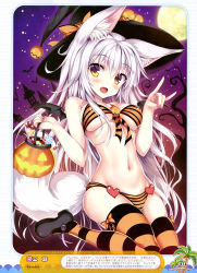 Rule 34 | 1girl, absurdres, animal ears, bat (animal), bikini, candy, candy cane, dengeki moeou, fang, food, fox ears, fox shadow puppet, fox tail, full moon, halloween, hat, heart, highres, jack-o&#039;-lantern, lollipop, long hair, moon, navel, silver hair, smile, solo, striped clothes, striped thighhighs, swimsuit, tail, tateha (marvelous grace), thighhighs, very long hair, witch hat, yellow eyes