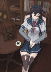 Rule 34 | 1girl, aircraft, airplane, black-framed eyewear, blue hairband, blue skirt, bookshelf, brown hair, brown thighhighs, closed eyes, closed mouth, commentary request, cup, drink, glasses, hairband, hip vent, indoors, kantai collection, layered sleeves, long hair, long sleeves, military, military uniform, miniature, naval uniform, necktie, ooyodo (kancolle), radio, red necktie, red ribbon, ribbon, ribbon-trimmed legwear, ribbon trim, saucer, school uniform, semi-rimless eyewear, serafuku, shirt, short over long sleeves, short sleeves, simple background, single sidelock, skirt, smile, solo, table, tassel, tea, teacup, thighhighs, under-rim eyewear, uniform, vent arbre, white shirt, zettai ryouiki