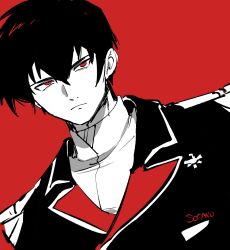 Rule 34 | 1boy, artist name, black hair, black jacket, char&#039;s counterattack, closed mouth, dutch angle, frown, gundam, gyunei guss, hair between eyes, highres, jacket, limited palette, looking at viewer, male focus, military uniform, red background, red eyes, shirt, short hair, simple background, sogano, solo, uniform, upper body, white shirt