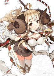 Rule 34 | 10s, 1girl, ahoge, anila (granblue fantasy), black skirt, blonde hair, blunt bangs, breasts, brown eyes, cleavage, draph, elbow gloves, eyebrows, female focus, fur trim, gloves, granblue fantasy, highres, hikimayu, holding, holding weapon, horns, knees together feet apart, large breasts, leaning forward, light particles, lips, long hair, looking at viewer, microskirt, naginata, naitou ryuu, navel, pleated skirt, polearm, sheep horns, short eyebrows, skirt, smile, solo, tabi, thick eyebrows, thighhighs, twitter username, weapon, white gloves, white thighhighs, zettai ryouiki